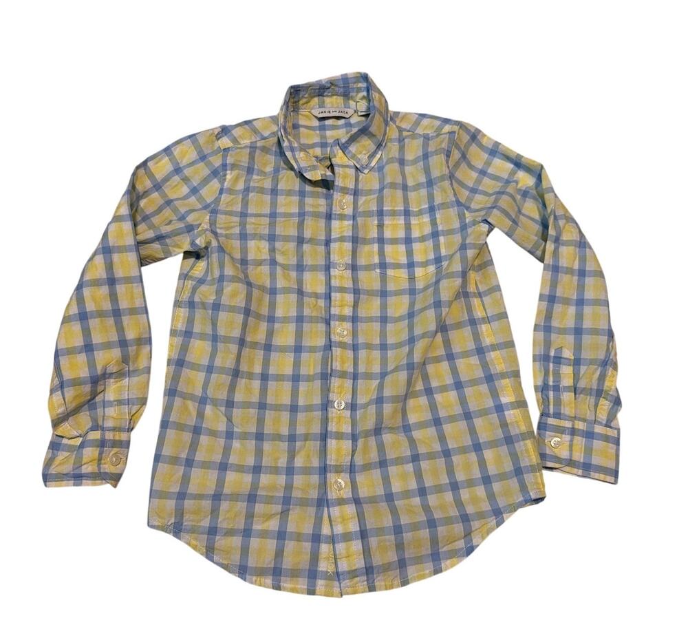 Janie and Jack Boy Yellow Iris Plaid Gingham Poplin Shirt NWOT Size 6 Button Dow
